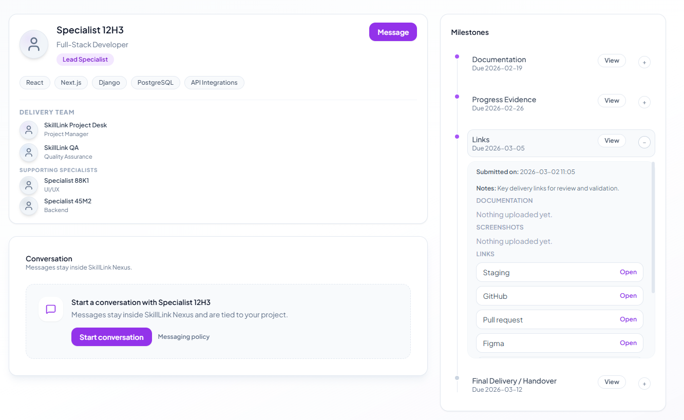Assigned Specialist chat interface with progress updates