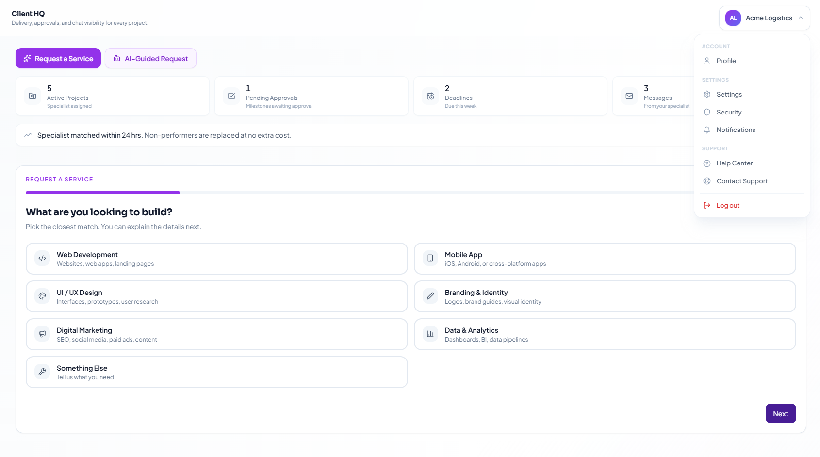 Client HQ dashboard showing milestones and project tracking
